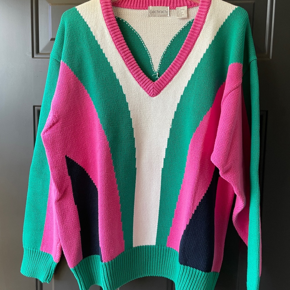 Vintage Bachrach mens large womens xl pink green sweater preppy